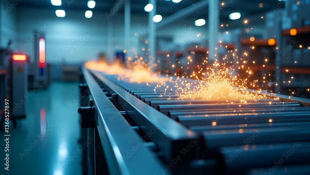 Poster conveyor system and stock report: double exposure concept illustrating stock flow and inventory turn