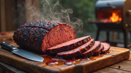 freshly smoked brisket rests on a rustic wooden cutting board
