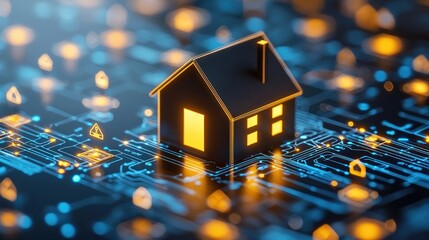 Smart home technology concept.  A miniature house model rests on a circuit board, implying integration of digital systems into residential living