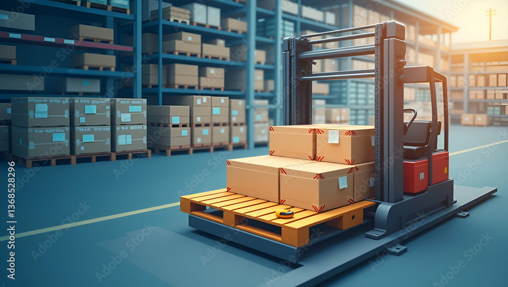 Poster 3d flat icon of automated palletizer and logistics software: double exposure design for warehouse ma