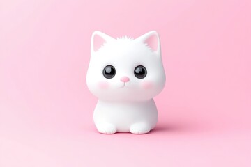 Cute white cartoon cat on pink background.  A stylized, digitally rendered, adorable, chubby white kitty figure sits on a plain pink backdrop.  The cat features large, round eyes, small nose,