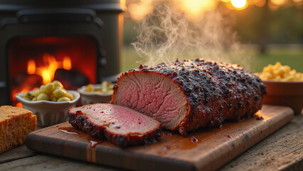 freshly smoked brisket rests on a rustic wooden cutting board