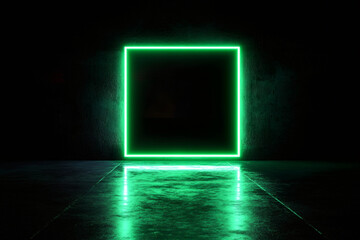 A black background with a small square of dim green neon light
