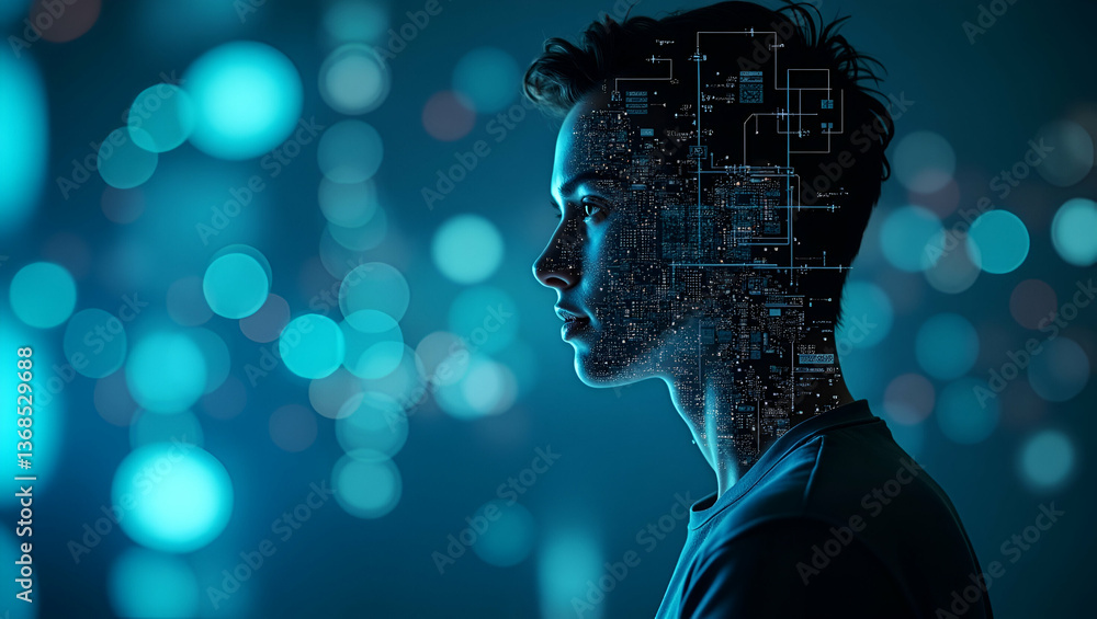 Poster a person merged with a circuit board: symbolizing the fusion of human creativity and electronic inno
