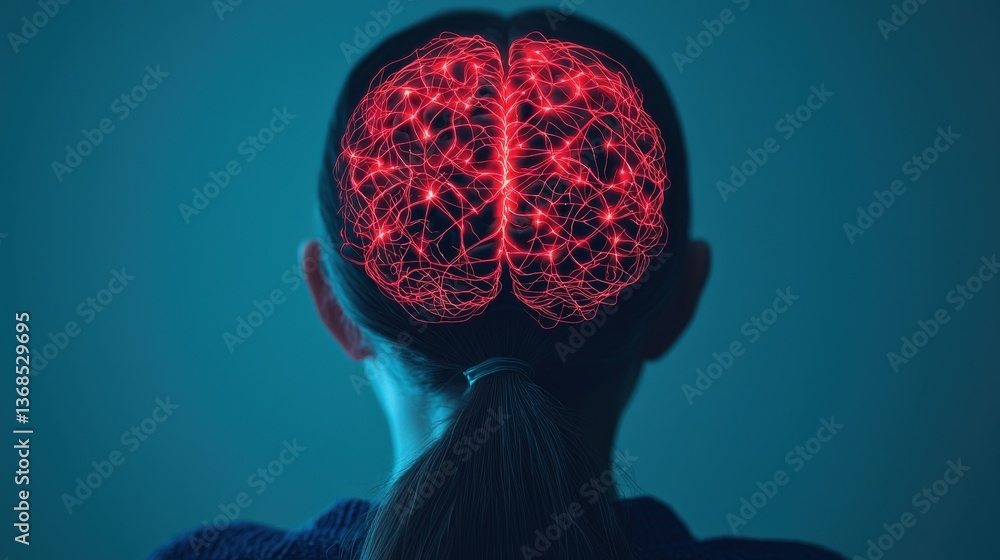 Poster a digital representation of a brain's neural connections, viewed from the back of a person's head, w