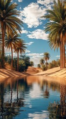 Obraz premium Desert oasis calm reflecting palm trees