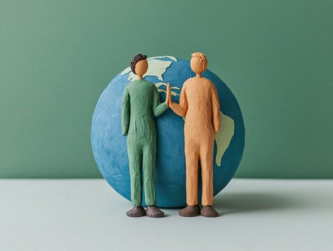 Two clay figures stand together, holding hands, in front of a stylized globe, symbolizing unity and collaboration across cultures.