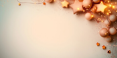 Fototapeta premium Festive composition with star ornaments, spheres, and string lights, perfect for seasonal promotions.