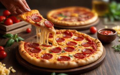 Hand lifts slice of pepperoni pizza, revealing gooey, melted cheese stretching from slice. Another pizza with ham, mushrooms in background. Fresh ingredients tomatoes, olive oil, and herbs