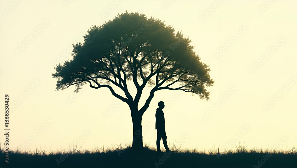 Poster 3d flat icon as silhouette of a person and a tree canopy symbolizing forest preservation and harmony