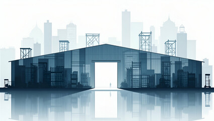 Silhouette of a loading dock and a floor plan symbolizing warehouse layout in double exposure with copy space. concept as A silhouette of a loading dock intertwined with a floor plan representing ware