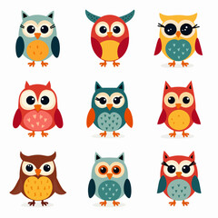 Cute owl character. Cartoon simple funny night bird with various emotions, comic childish owl mascot flat style. Vector birds isolated set