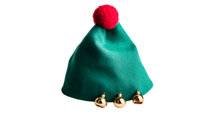 Festive green hat with red pom pom and gold bells for holiday fun