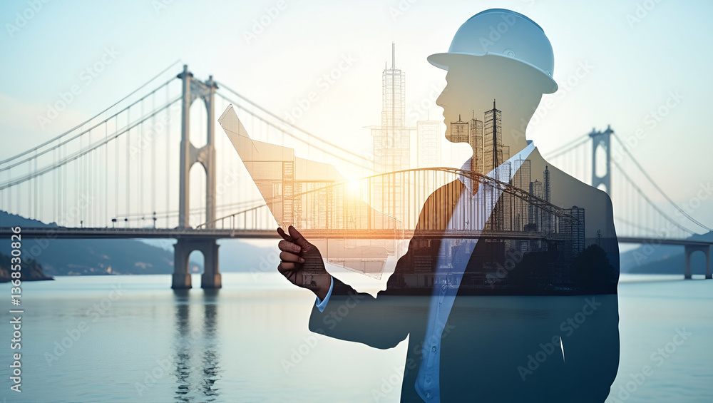 Poster silhouette of an architect with bridge blueprint: a double exposure concept for structural design an