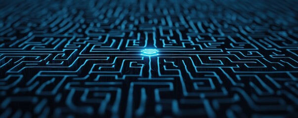 A digital maze with glowing blue lines converging at a central point, creating a futuristic and intricate pattern.