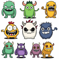 Monster set line. Colorful silhouette monsters. Happy Halloween. Cute kawaii cartoon funny boo character. Different face. Teeth, eyes, horns, hands. Childish style. Flat design White background Vector