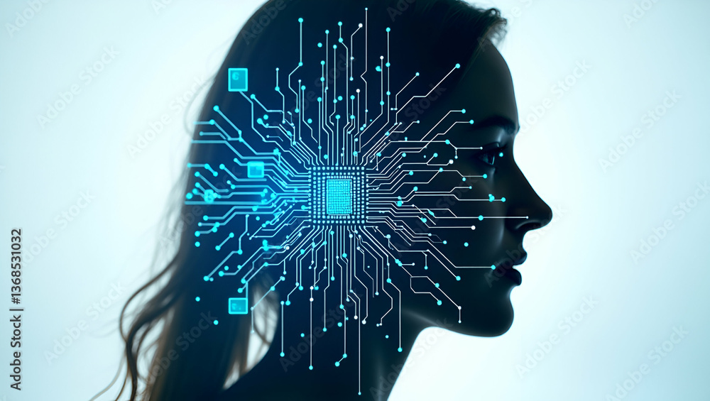 Poster 3d flat icon: silhouette of person merged with circuit board for tech integration concept