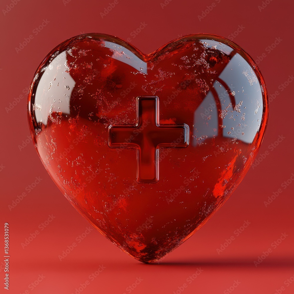Aufkleber heart-shaped glass object with a cross symbol set against a red background representing health and w