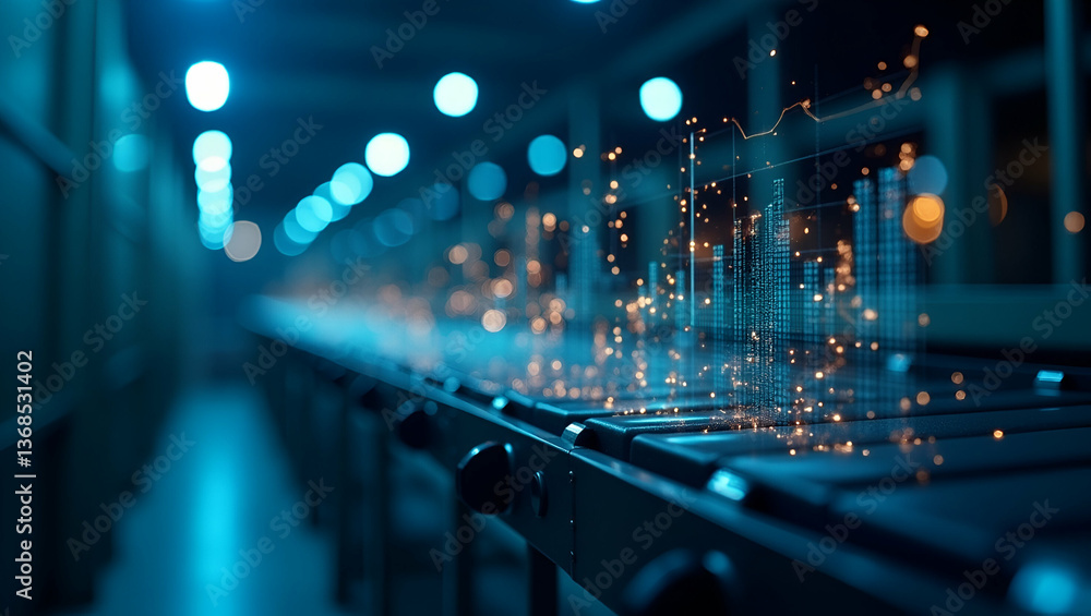 Poster data-driven conveyor optimization: double exposure of conveyor system & analysis chart for warehouse