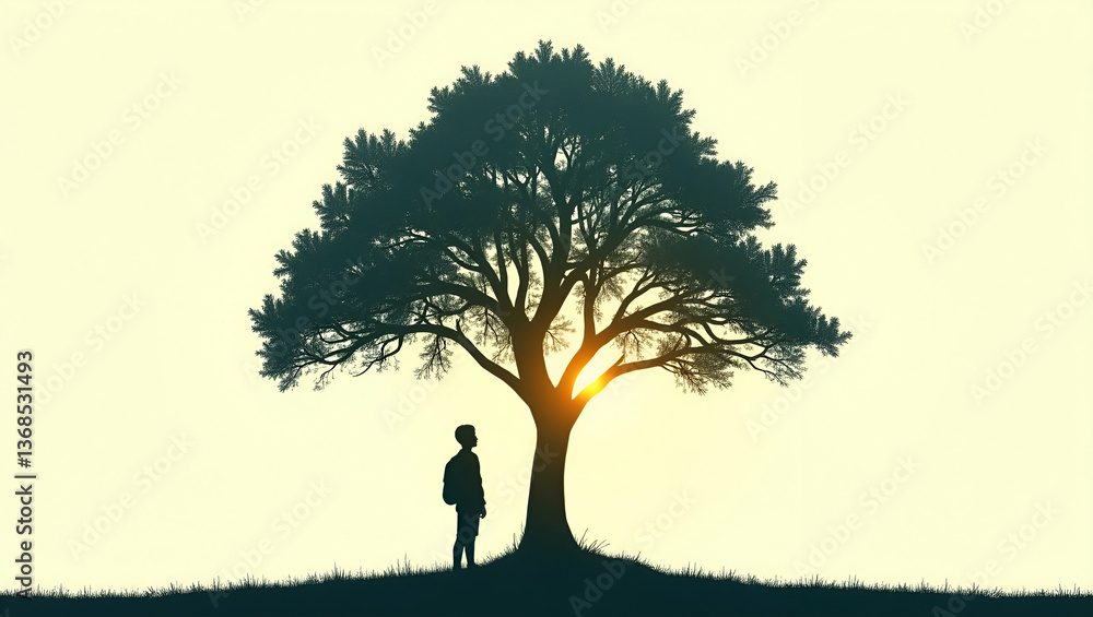 Poster 3d flat icon: silhouette of a person intertwined with tree canopy - symbolizing forest preservation 