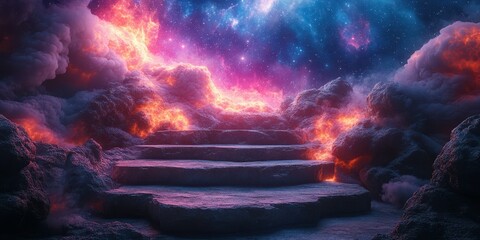 Stairway emerging from glowing clouds under a vibrant cosmic sky at dusk