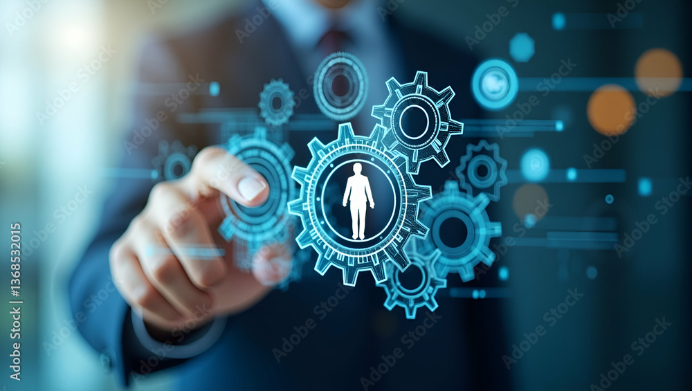 Poster 3d flat icon of a person and gears: symbolizing technology and progress in double exposure with copy