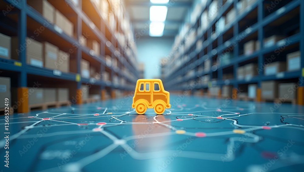 Poster 3d flat icon of agv with warehouse map: route optimization & efficiency in automated guided vehicles