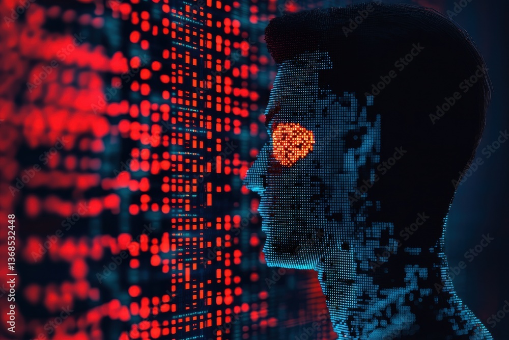 Poster a digital human silhouette with vibrant, pixelated patterns against a backdrop of glowing data, symb