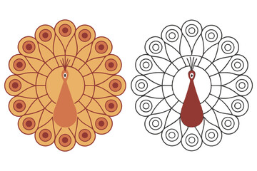 Two Peacock Illustrations Gold Color Scheme & Black Outline on a White Background