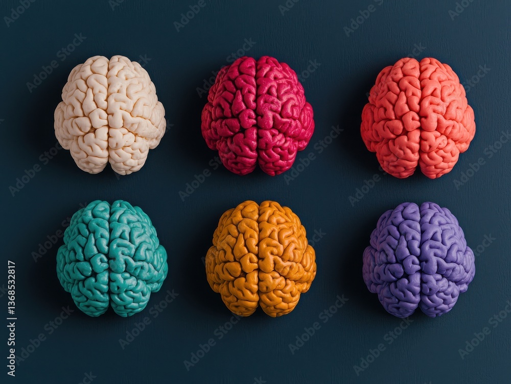 Poster a colorful display of six stylized brain sculptures arranged in two rows, showcasing various vibrant