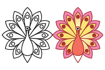 Peacock Outline and Color Version, Stylized Birds with Ornate Feather Details