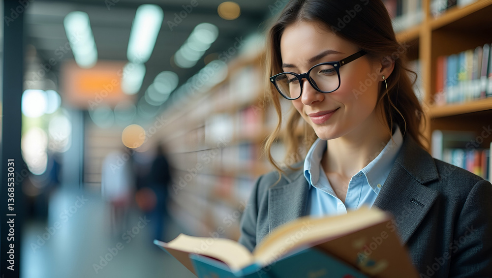 Poster 3d flat icon as person with a bookstore books and reading glasses overlay symbolizing american book 