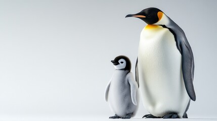 Fototapeta premium Emperor penguin and chick on snowy ground in antarctic habitat. Mother's Day, Mothering Sunday, Dia de la Madre - Global Maternal Celebration, Worldwide Family Holiday