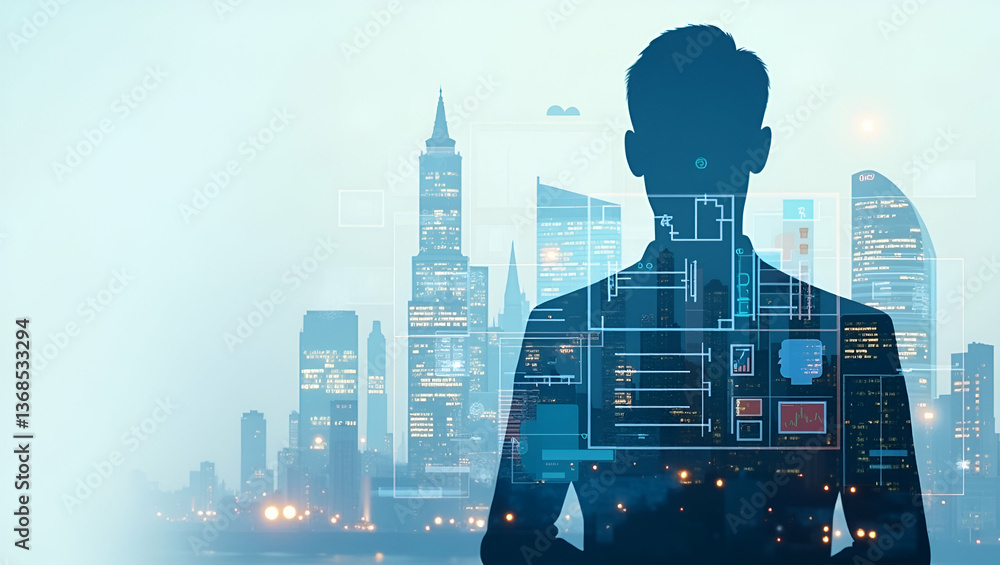 Poster 3d flat icon: silhouette of a person merged with project layout for project management - double expo