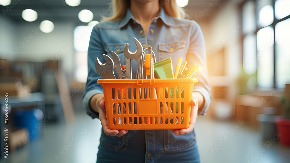 Poster 3d flat icon as person with a hardware store tools and shopping basket overlay symbolizing american 