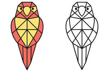 Geometric Parrot, Colorful Bird Illustration, Line Art Bird on White Background