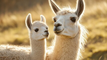 Obraz premium Adorable llama pair in golden sunlight. Mother's Day, Mothering Sunday, Dia de la Madre - Global Maternal Celebration, Worldwide Family Holiday
