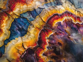 A vibrant, textured geological formation showcases layers of color from red and gold to blue and purple with intricate patterns. - obrazy, fototapety, plakaty