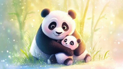 Adorable panda family in a magical forest setting. Mother's Day, Mothering Sunday, Dia de la Madre - Global Maternal Celebration, Worldwide Family Holiday