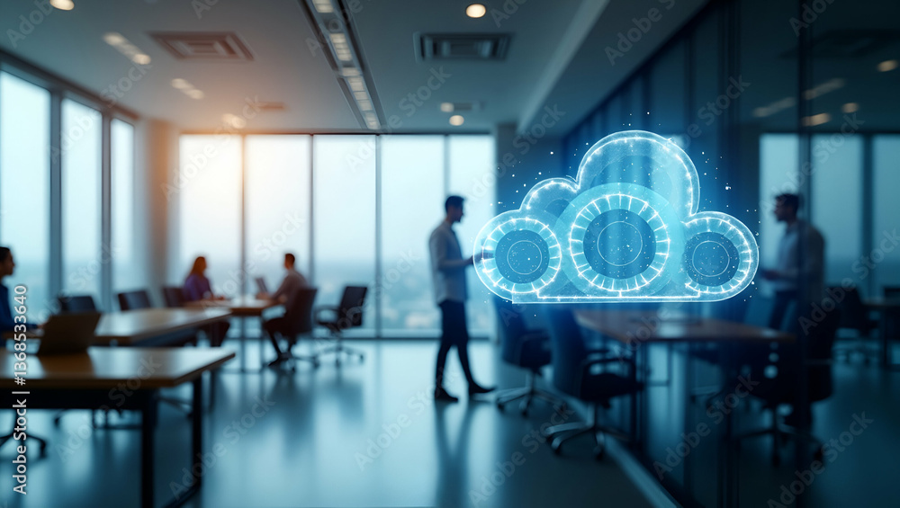 Poster 3d flat icon: overhead view of corporate office with gears & cloud technology - symbolizing cloud-ba