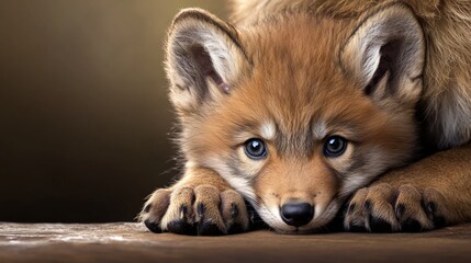 Obraz premium Adorable fennec fox cub resting on wooden surface