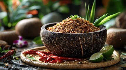Spicy grain dish in a coconut bowl.  Fresh herbs and chili peppers garnish the vibrant mix