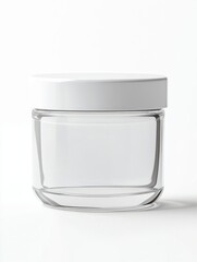 Empty Glass Jar with White Lid Close-up for Cream or Cosmetic Product