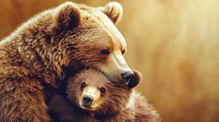 Obraz premium Brown bear and cub sharing tender moment in natural habitat. Mother's Day, Mothering Sunday, Dia de la Madre - Global Maternal Celebration, Worldwide Family Holiday