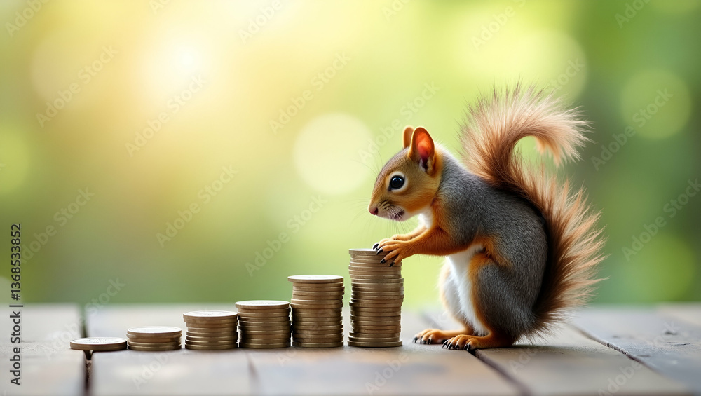 Poster a squirrel and a stack of coins symbolizing saving and investment in double exposure with copy space