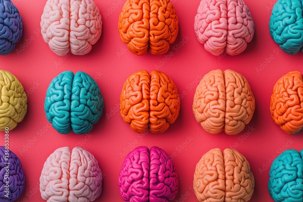 Poster a vibrant arrangement of colorful brain models displayed on a pink background, showcasing various hu