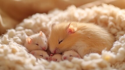 Cozy family of sleeping mice in soft nest. Mother's Day, Mothering Sunday, Dia de la Madre - Global Maternal Celebration, Worldwide Family Holiday