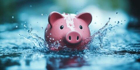 Pink piggy bank splashes in water, creating ripples on a sunny day