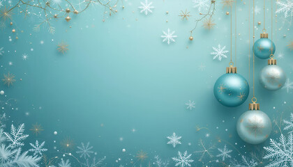Christmas ornaments, teal and turquoise color scheme, elegant background, snowflake patterns, golden accents, hanging baubles, festive atmosphere, minimalist holiday design