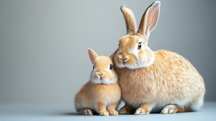 Fototapeta premium Adorable pair of light brown rabbits against a soft gray background. Mother's Day, Mothering Sunday, Dia de la Madre - Global Maternal Celebration, Worldwide Family Holiday